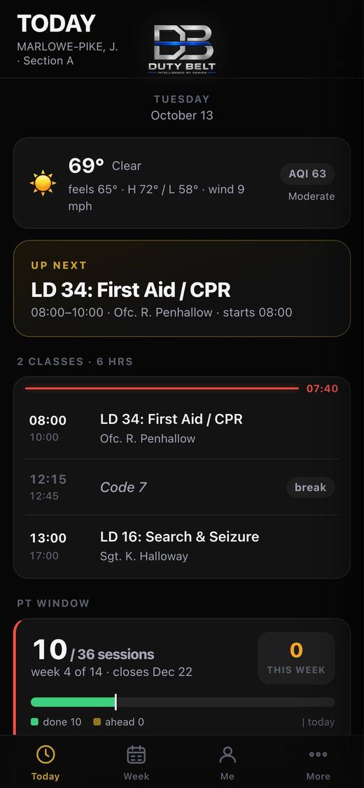 Duty Belt recruit app on a phone: the next class, the day's schedule, and PT sessions completed